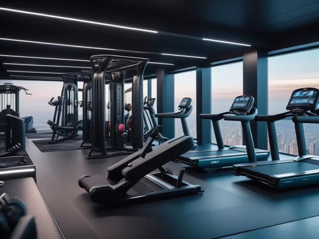 Equipo de fitness de lujo: tecnología de vanguardia en un gimnasio moderno Equipamiento fitness de lujo con ergonomía de vanguardia en un gimnasio moderno