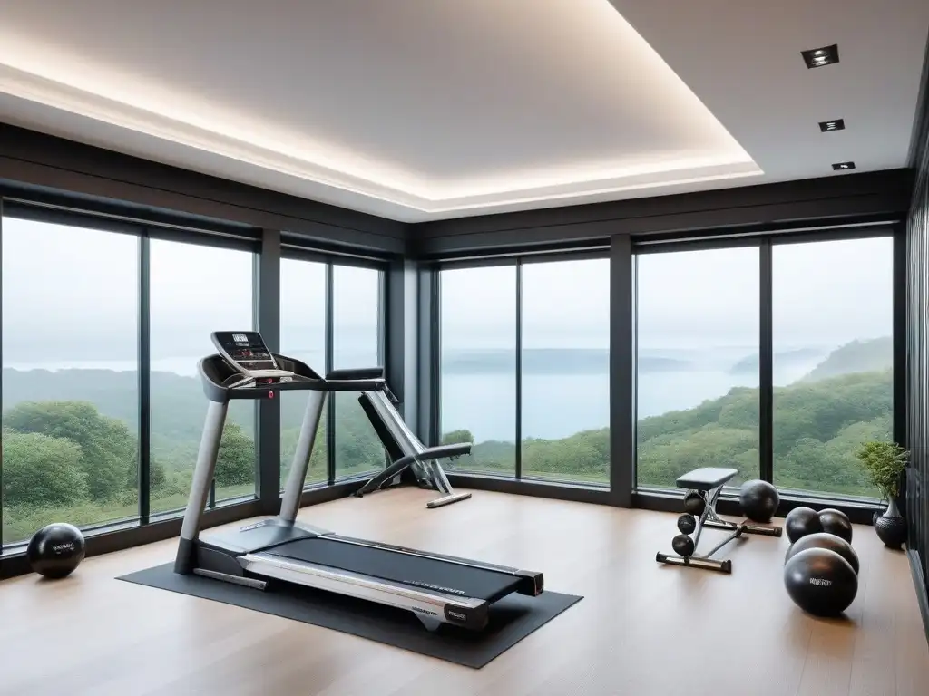 Gimnasio en casa de lujo y moderno en espacio reducido Equipamiento fitness lujo espacios pequeños: Gimnasio elegante y moderno con equipamiento de alta gama, tonos neutros y vista serena