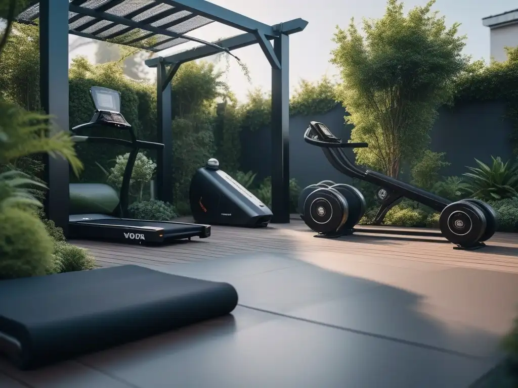 Exclusivo gimnasio al aire libre en jardín lujoso Equipamiento fitness de lujo en un jardín exuberante, con equipamiento de última generación bajo una pérgola iluminada