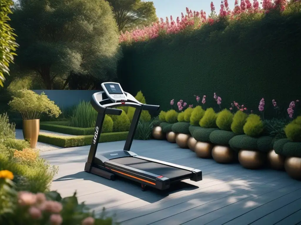Jardín de lujo: gimnasio al aire libre en armonía con la naturaleza Equipamiento fitness de lujo en un jardín exuberante, con equipo moderno y elegante, rodeado de naturaleza y flores bajo el sol dorado
