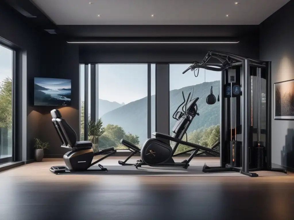 Equipo de recuperación de lujo para gimnasio en casa Equipamiento fitness de lujo para rehabilitación: un gimnasio casero con tecnología sofisticada y elegante iluminación
