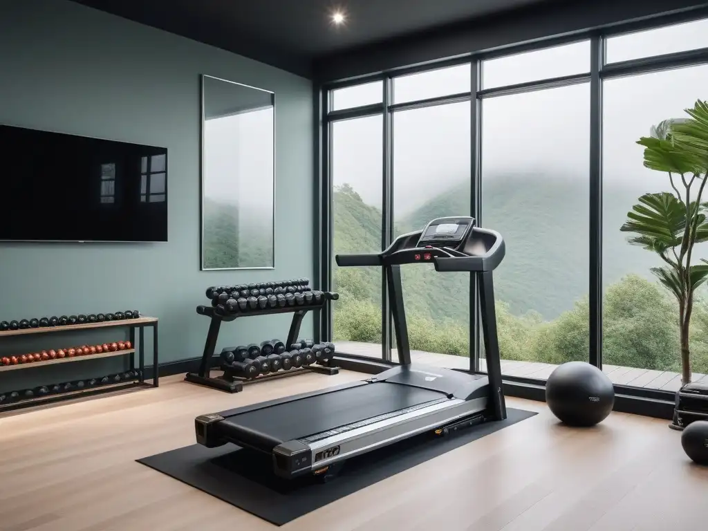 Gimnasio en casa de lujo: equipo moderno y vistas verdes Equipamiento de fitness de lujo en un gimnasio casero moderno y elegante con vistas al aire libre y frases motivadoras en las paredes