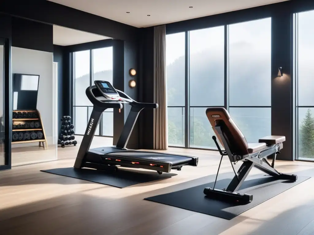 Exclusivo gimnasio en casa: equipamiento de lujo Equipamiento fitness de lujo en un gimnasio doméstico elegante y sofisticado