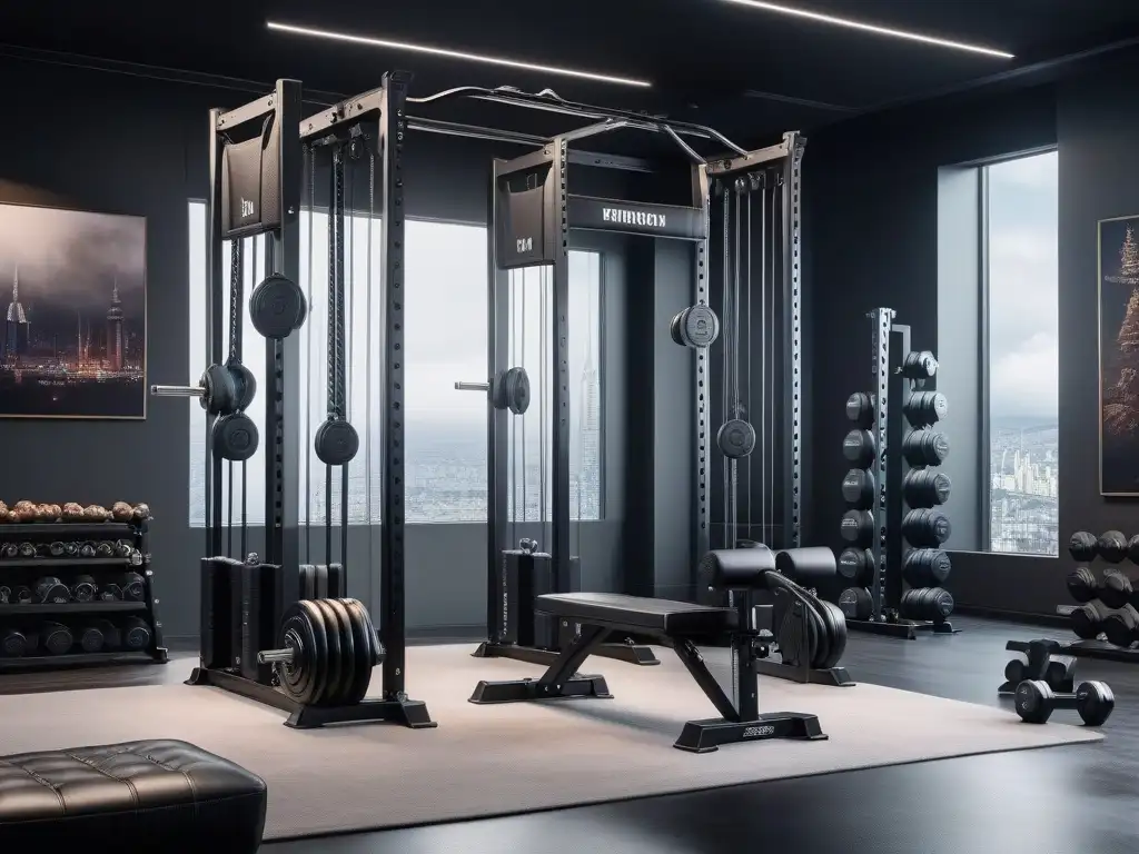 Exclusivo gimnasio en casa: lujo y sofisticación en cada detalle Equipamiento fitness de lujo en un gimnasio doméstico ultradetallado y elegante