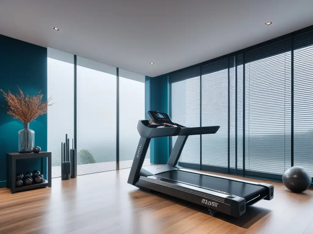 Gimnasio en casa de lujo: cinta de correr, pesas y espejo interactivo Equipamiento de fitness de lujo en un gimnasio hogareño moderno y elegante, con tecnología de punta y una iluminación ambiental acogedora