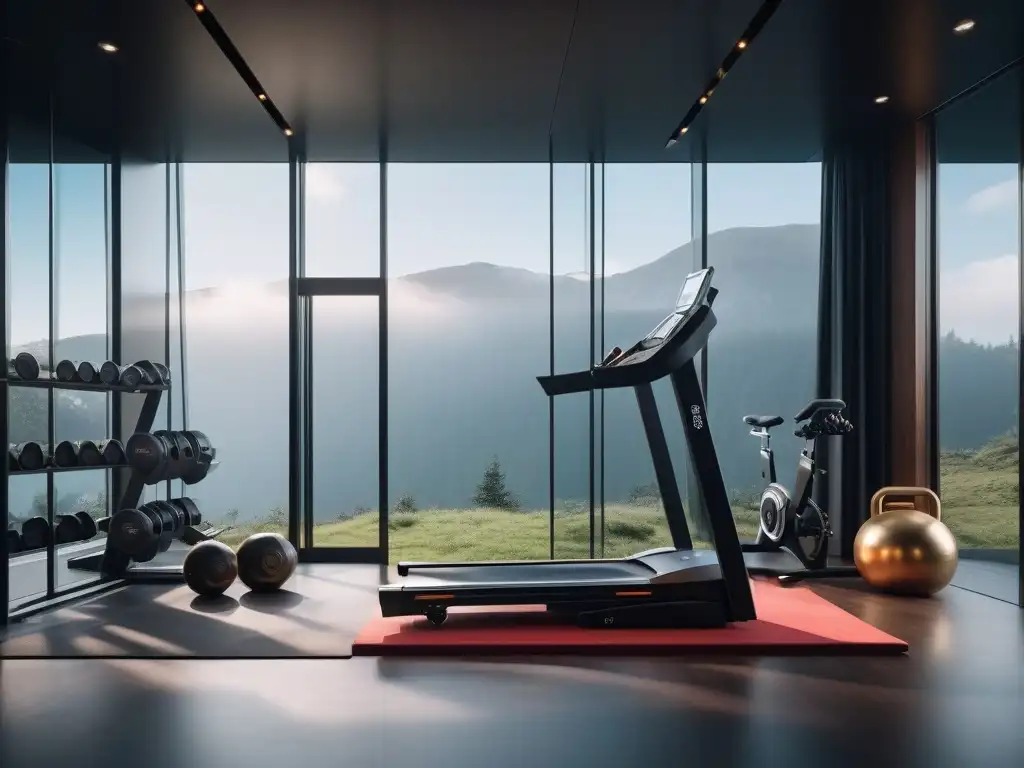 Gimnasio de lujo con equipamiento moderno y elegante Equipamiento de fitness de lujo en un gimnasio moderno y elegante, con equipo premium y una atmósfera motivadora y aspiracional