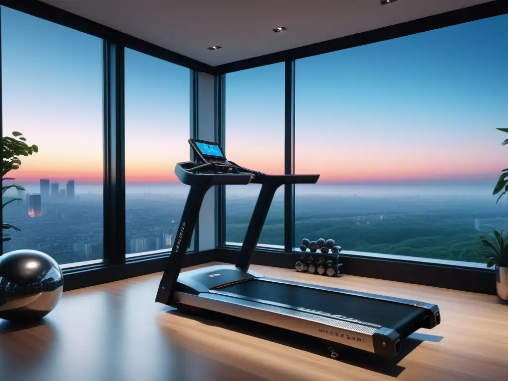 Exclusivo gimnasio en casa con equipo de lujo y vista urbana al atardecer Equipamiento fitness de lujo en gimnasio moderno con vista urbana al anochecer, inspirando motivación y resultados