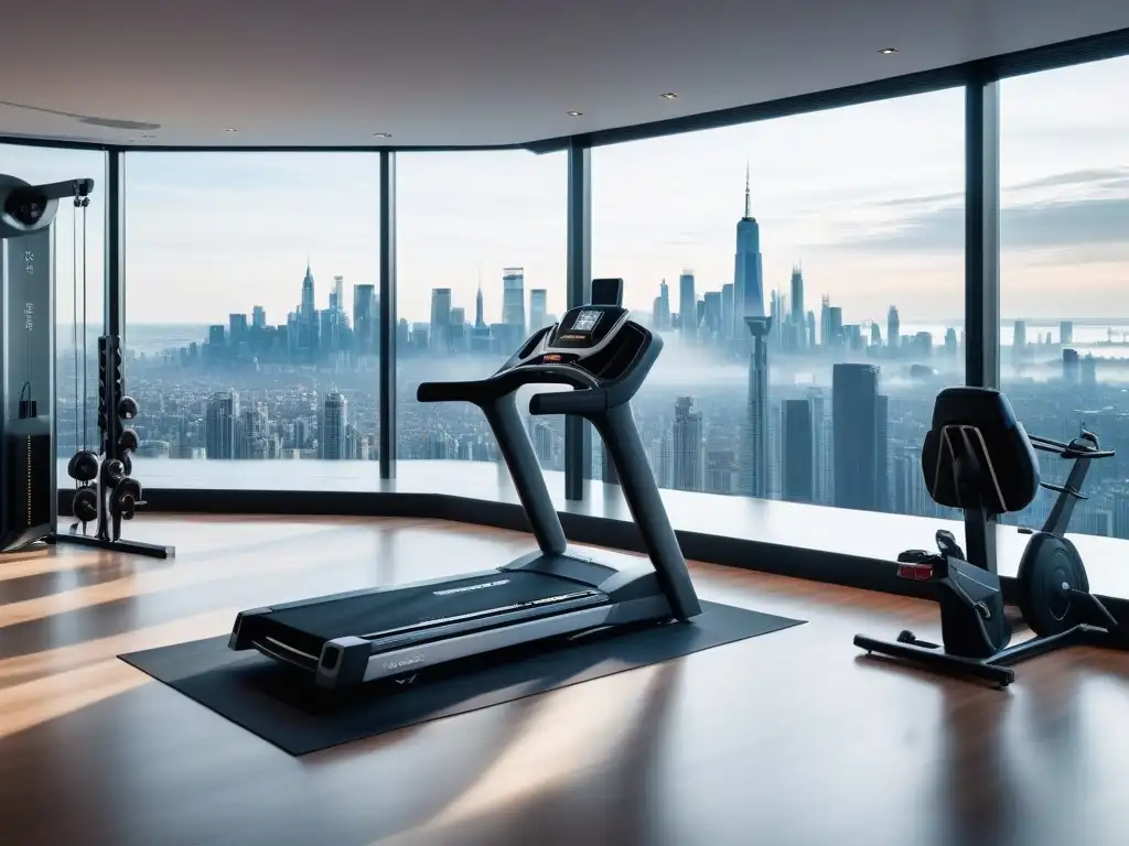 Gimnasio de lujo en penthouse con equipamiento de última generación Equipamiento fitness de lujo integrado en un elegante gimnasio doméstico con vista a la ciudad