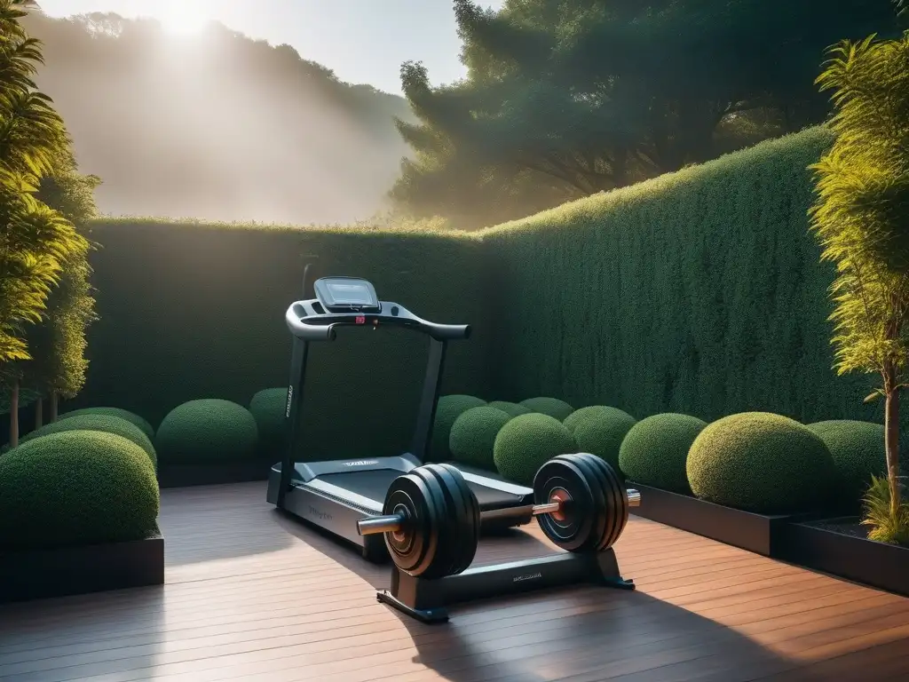 Gimnasio al aire libre de lujo: equipo moderno entre la naturaleza Equipamiento fitness de lujo en jardín: moderno gimnasio al aire libre con equipos de acero rodeados de exuberante vegetación al atardecer