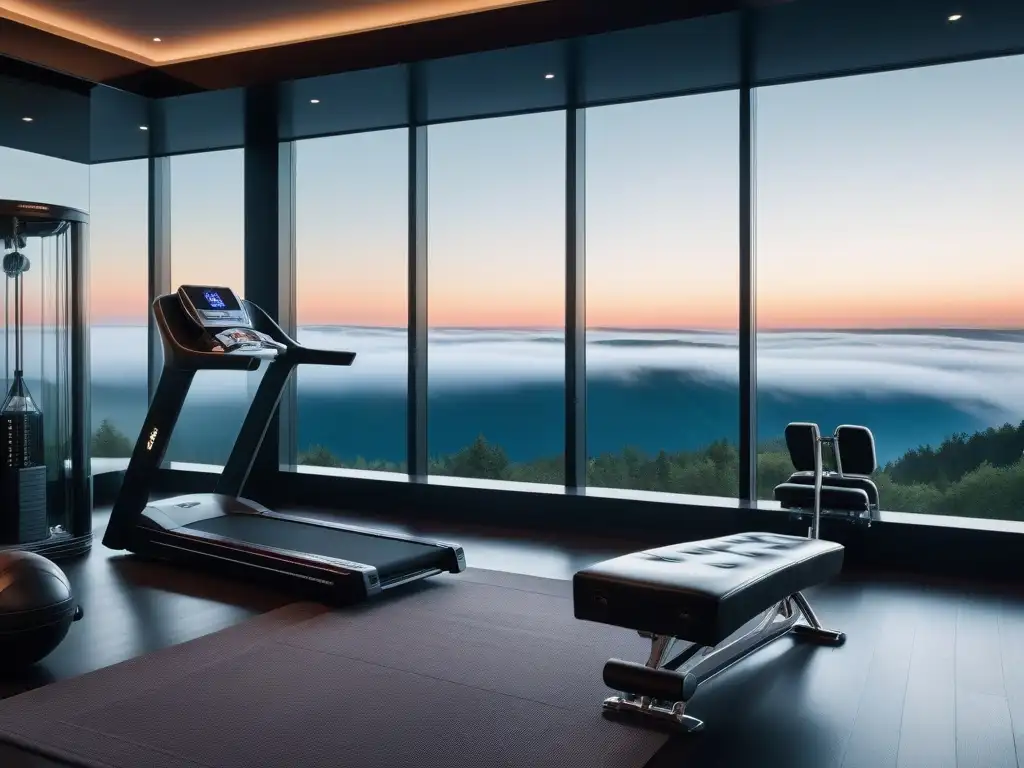 Gimnasio de lujo ultramoderno con vista panorámica Equipamiento fitness lujo para recuperación postentrenamiento en un centro de alta gama con ambiente sofisticado y relajante
