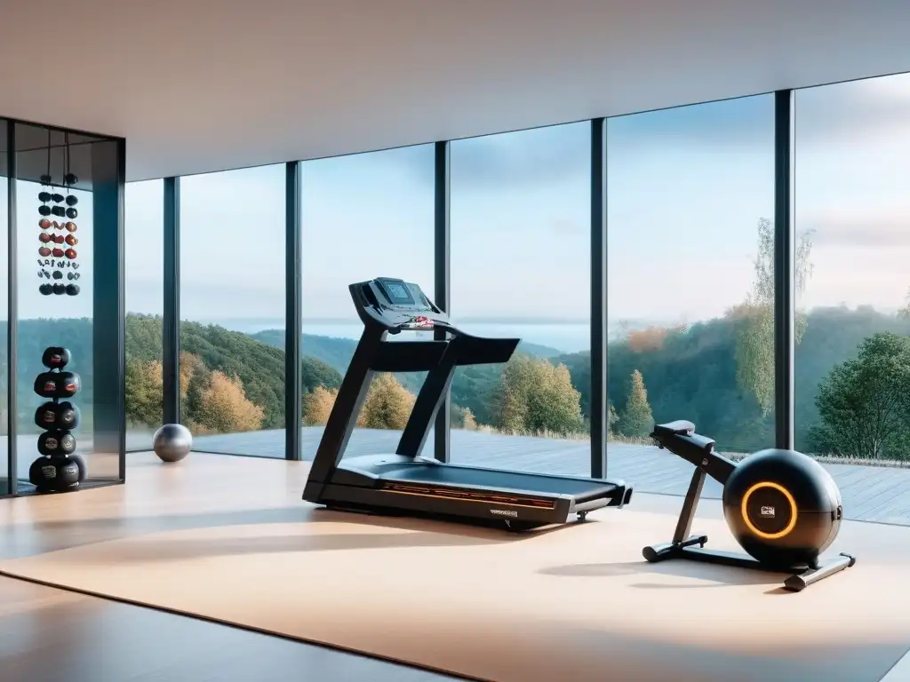 Espacio fitness de lujo con vista panorámica y equipamiento de alta gama Equipamiento fitness de lujo para resultados motivadores en un gimnasio panorámico de diseño elegante