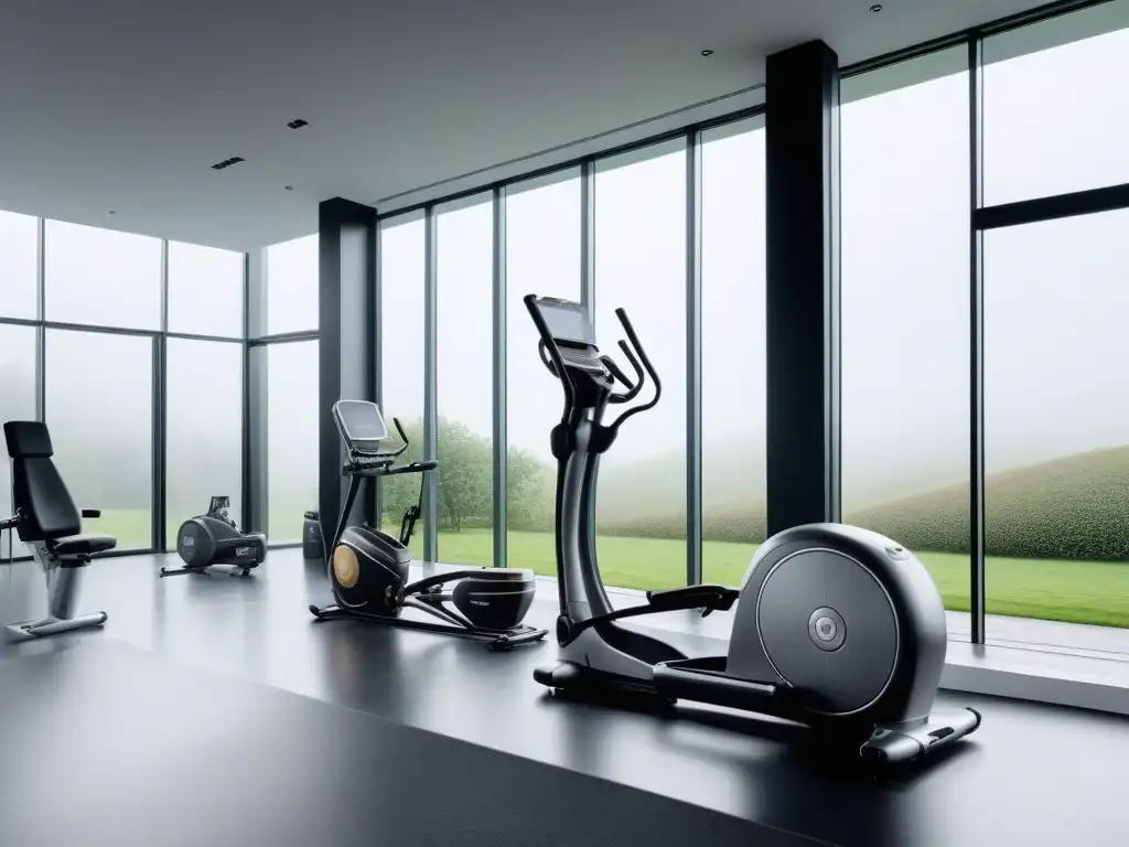 Equipamiento fitness de lujo para adultos mayores Equipamiento fitness de lujo para la tercera edad, moderno y sofisticado en un gimnasio luminoso con vistas panorámicas