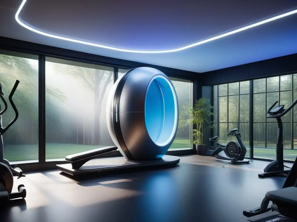 Pod de recuperación de lujo futurista en gimnasio minimalista Equipamiento fitness lujo recuperación postentrenamiento: Pod de recuperación de alta tecnología en gimnasio moderno