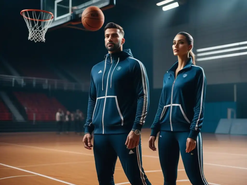Atletas altos en activewear de diseño en la cancha de baloncesto Un equipo de atletas altos vistiendo ropa deportiva para personas altas, destacando su altura y dinamismo en una cancha de baloncesto moderna
