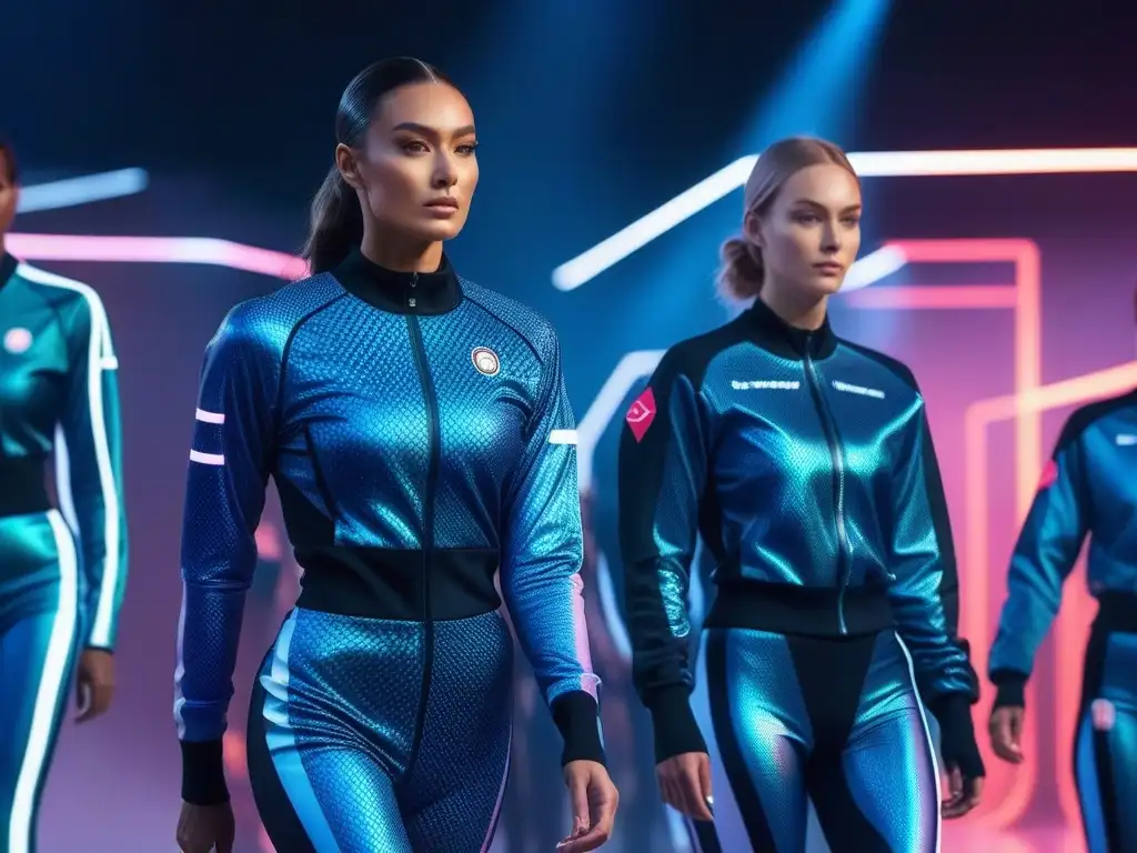 Atletas futuristas desfilan con estilo innovador y poderoso Equipo de atletas futuristas desfilando con moda deportiva influencia tendencias actuales en pasarela digital