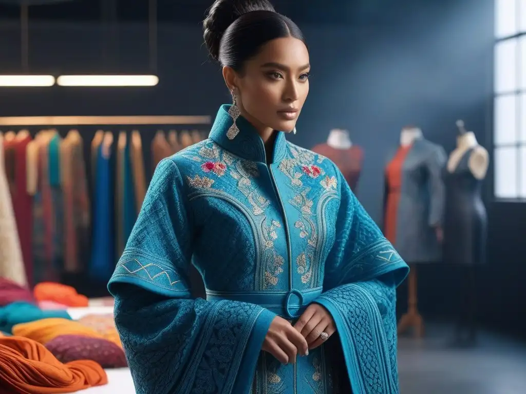 Diseñadores de moda crean fusión cultural en estudio moderno Equipo de diseñadores de moda étnica inclusiva y diversa colaborando en un estudio moderno y luminoso