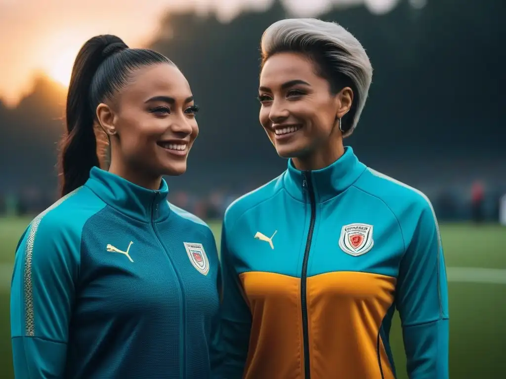 Atletas diversos unidos en campo de fútbol al atardecer Un equipo diverso de atletas sonriendo en un campo de fútbol al atardecer, luciendo moda deportiva inclusiva para todos