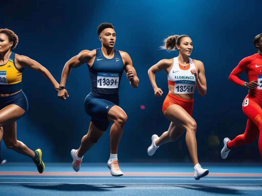 Relevo inclusivo: atletas diversos en acción Un equipo diverso de atletas participa en una emocionante carrera de relevos en un estadio deportivo futurista
