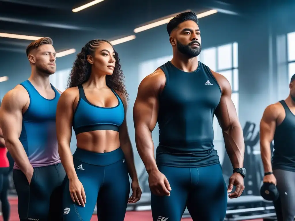 Equipo diverso de atletas empoderados en moderno gimnasio Un equipo diverso de atletas muestra fuerza y empoderamiento con marcas de ropa deportiva inclusiva en un gimnasio moderno