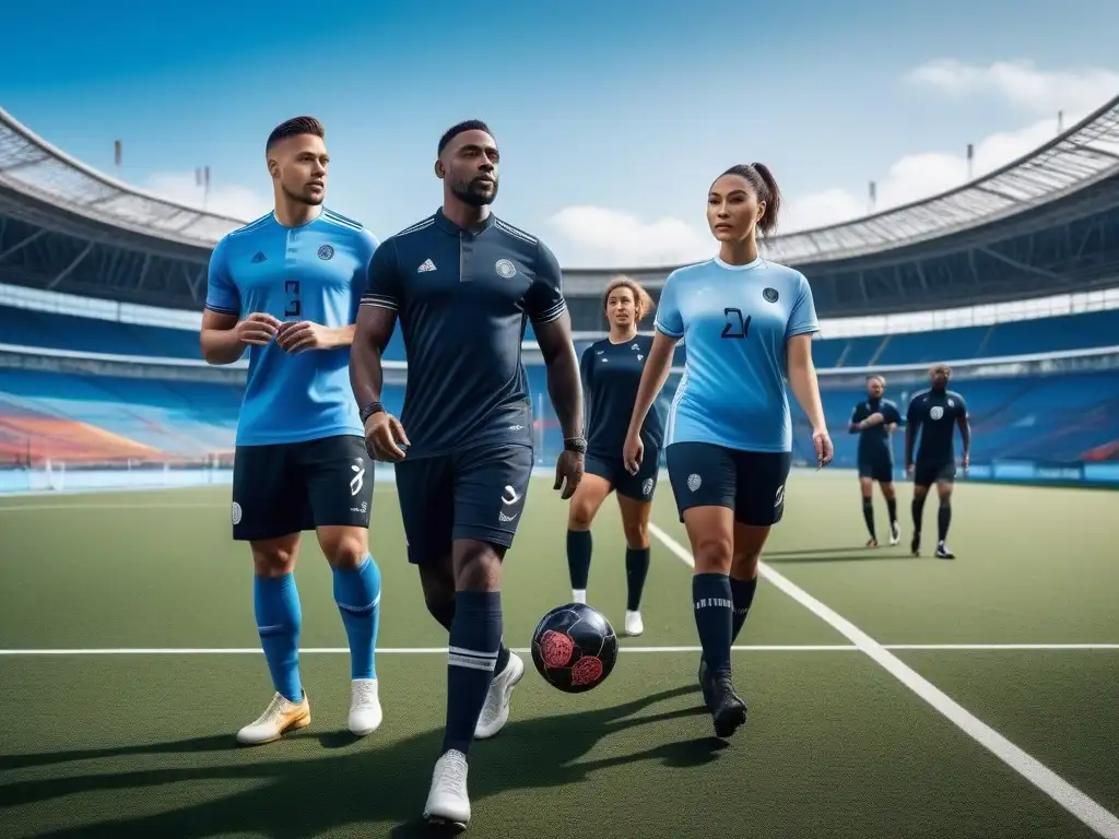 Fútbol inclusivo: Uniendo a atletas con estilo Un equipo diverso de atletas juega fútbol en un campo vibrante y moderno, resaltando la moda deportiva inclusiva para todos