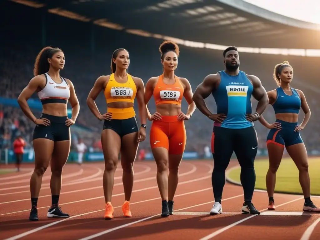 Atletas diversos en pista al atardecer: fuerza y diversidad Equipo diverso de atletas con marcas de ropa deportiva, celebrando la diversidad de cuerpos en un campo al atardecer