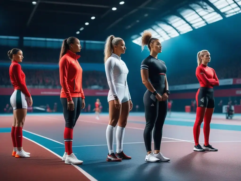 Atletas diversos en campo deportivo futurista Un equipo diverso de atletas en moda deportiva inclusiva y diversa, mostrando confianza y determinación en un campo deportivo futurista