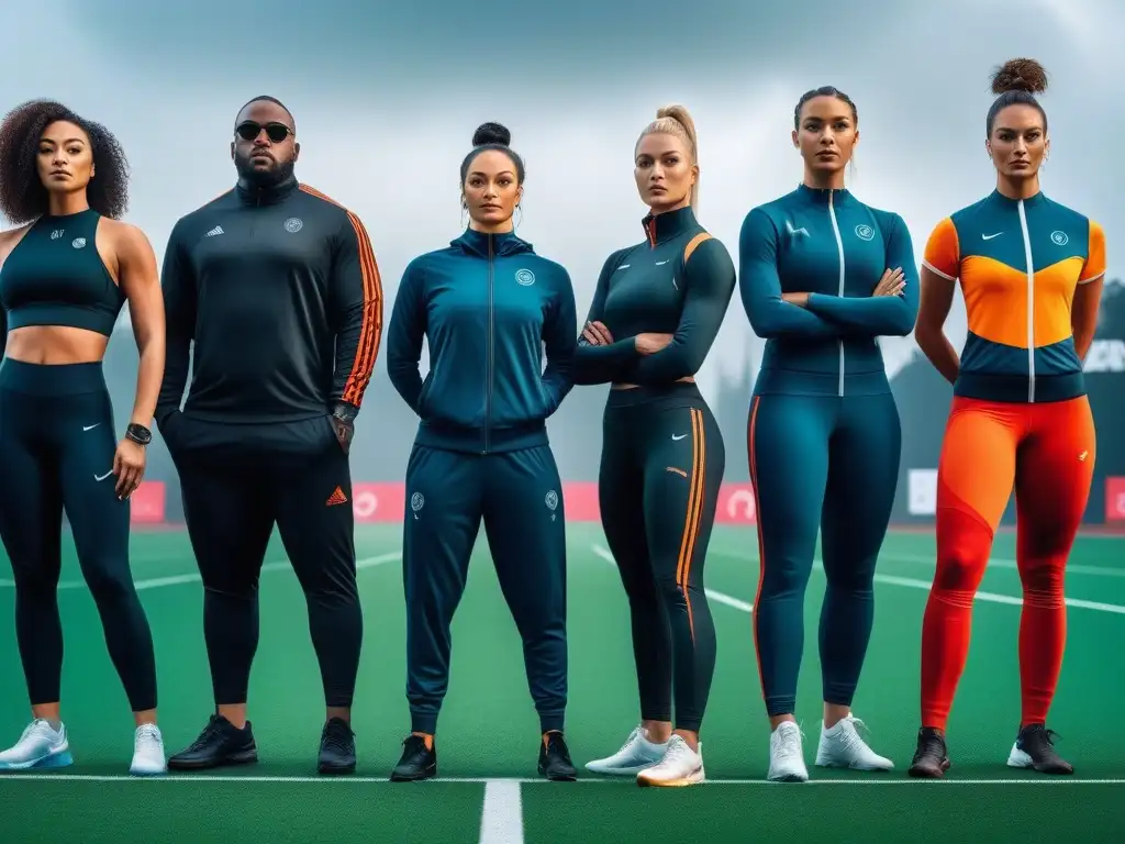 Equipo diverso de atletas en pose empoderadora en campo deportivo futurista Un equipo diverso de atletas en pose empoderadora, en un campo deportivo futurista