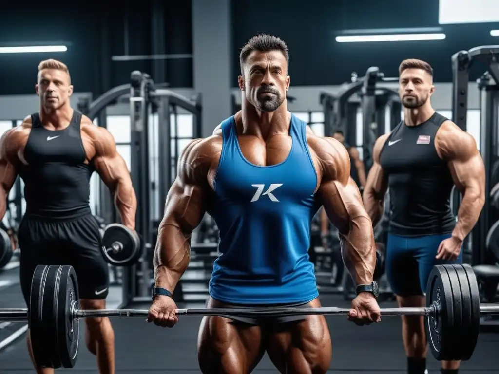Atletas profesionales en gimnasio moderno, dedicación y fuerza Un equipo diverso de atletas profesionales en un gimnasio moderno, mostrando determinación y músculos