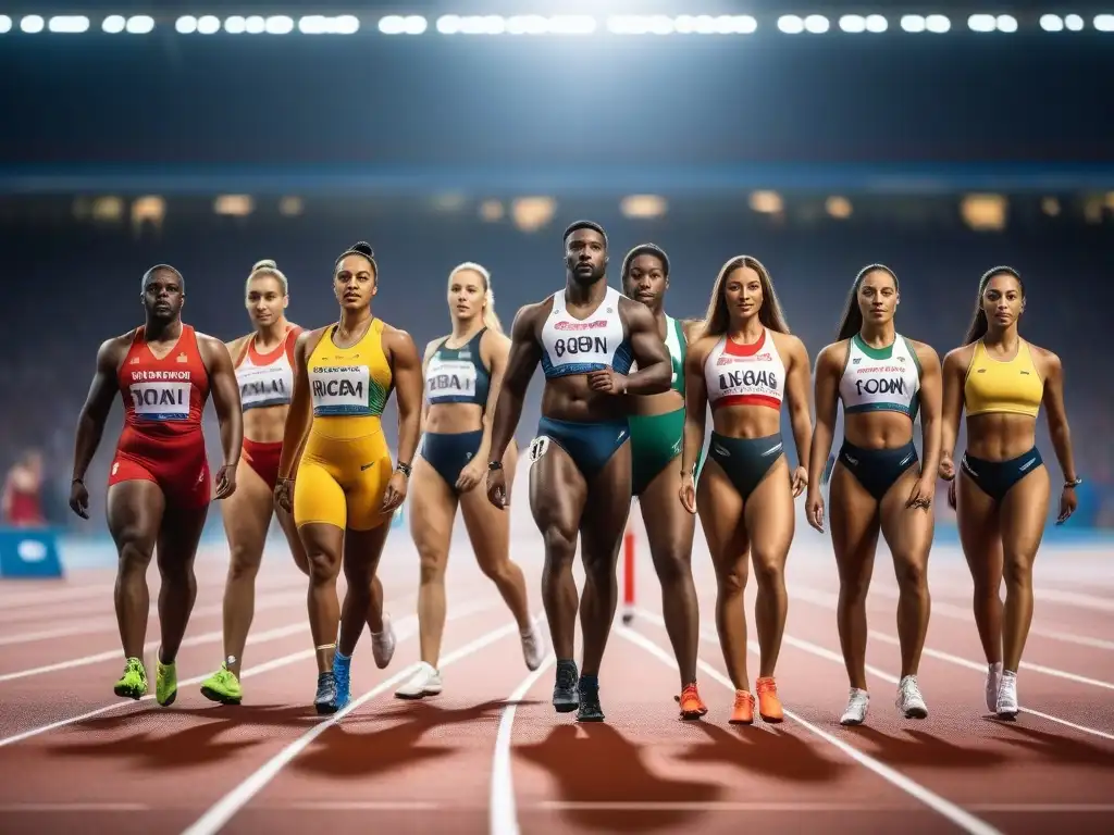 Equipos deportivos inclusivos: empoderamiento y diversidad en el deporte Un equipo diverso de atletas con uniformes deportivos inclusivos para todos en una pista vibrante, simbolizando unidad y empoderamiento