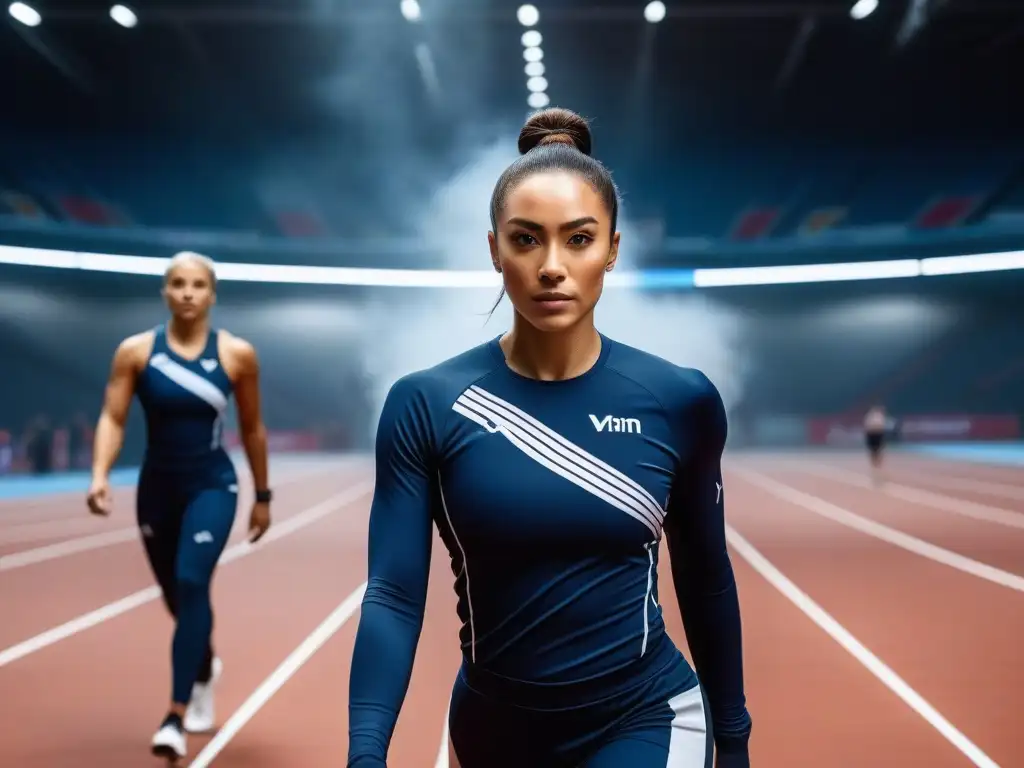 Atletas diversos en uniformes inclusivos en instalación deportiva futurista Un equipo diverso de atletas en uniformes deportivos inclusivos para todos, irradiando determinación y unidad en una instalación deportiva futurista