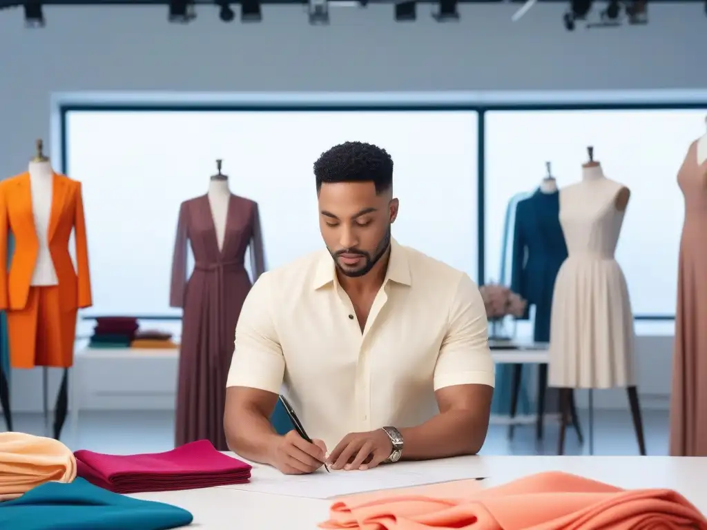 Diseñadores de moda creando ropa inclusiva en estudio moderno Un equipo diverso y creativo de diseñadores de moda trabajando juntos en un estudio moderno, lleno de color y tecnología, creando moda inclusiva