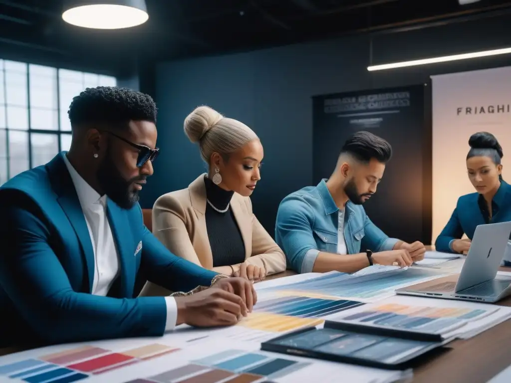 Reunión creativa de diseñadores de moda: innovación y pasión en 8k Un equipo diverso de diseñadores y emprendedores de moda colaborando en estrategias de crecimiento de marca en un espacio luminoso y moderno