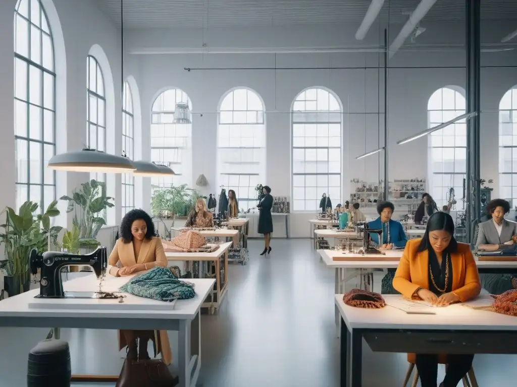 Diseñadores de moda creativos y diversos en acción Un equipo diverso de diseñadores de moda trabajando juntos en un estudio creativo, mostrando diseño inclusivo para cuerpos diversos