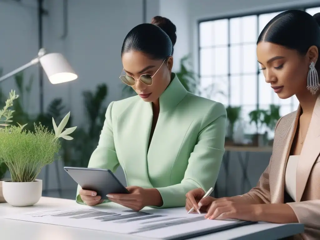 Diseñadores de moda innovadores en un estudio sostenible Un equipo diverso de diseñadores de moda trabaja en un estudio moderno y luminoso, rodeado de materiales sostenibles y plantas
