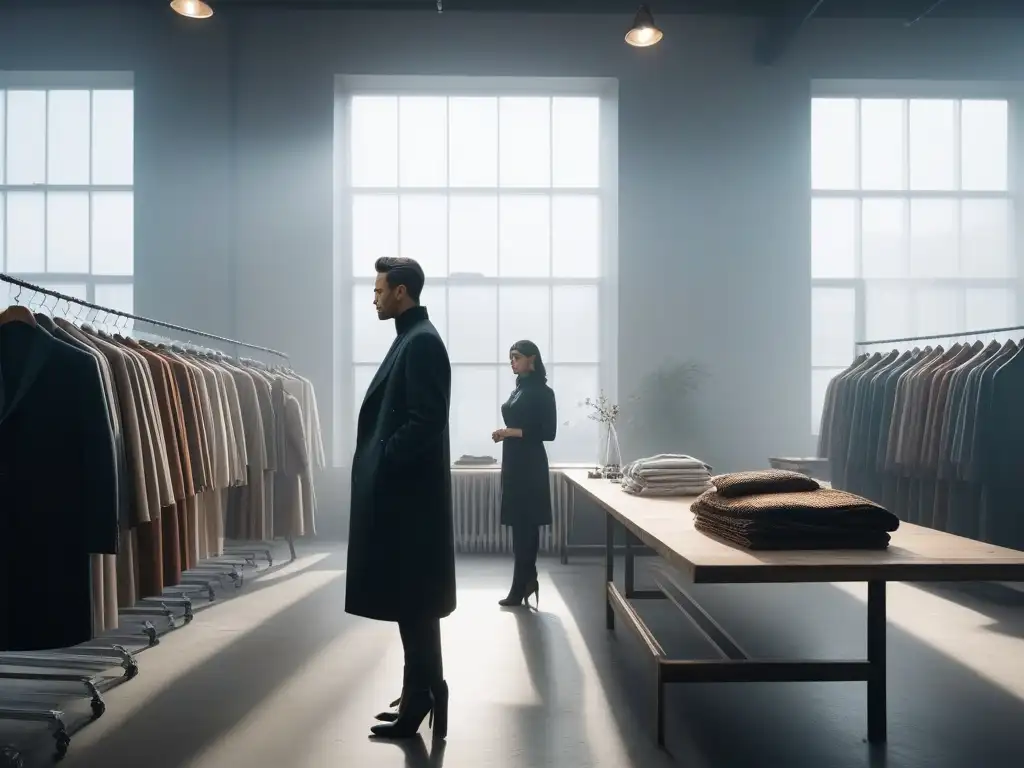Diseñadores de moda creativos trabajando en estudio luminoso Un equipo diverso de diseñadores de moda profesionales examina con cuidado prendas de alta calidad en un estudio amplio y luminoso