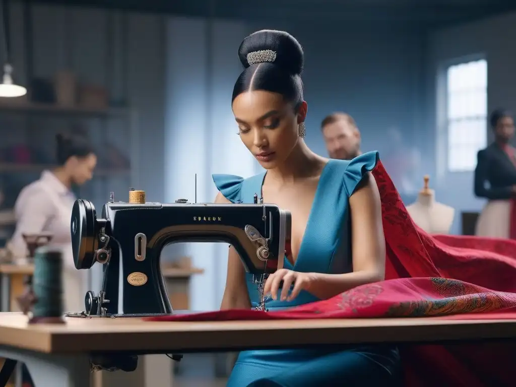 Diseñadores de moda inclusivos y creativos trabajando juntos en un estudio vibrante y diverso Equipo diverso de diseñadores de moda inclusiva, colaborando con pasión en un estudio luminoso y creativo
