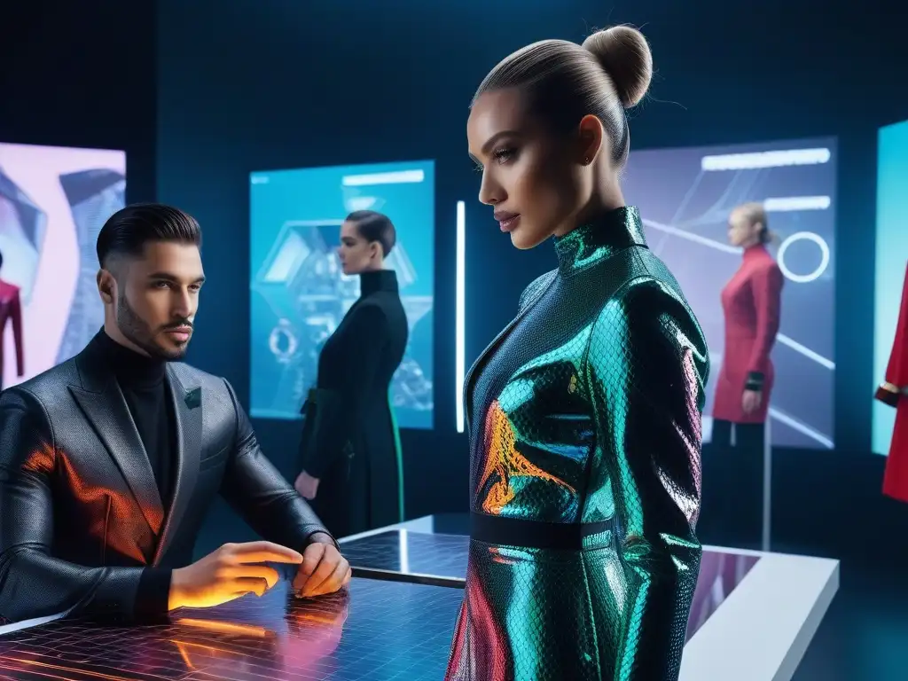 Diseñadores de moda colaborando en plataforma digital futurista Un equipo diverso de diseñadores de moda trabajando en un estudio futurista con hologramas y tecnología de vanguardia