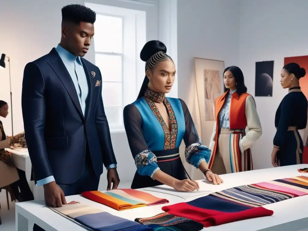 Diseñadores de moda diversos creando en armonía Un equipo diverso de diseñadores de moda colabora apasionadamente en un estudio chic y soleado, mostrando la Diversidad en la industria de la moda