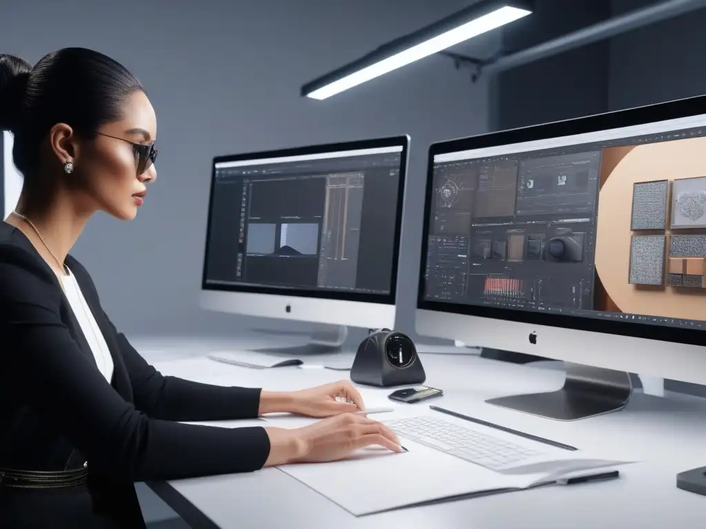 Diseñadores de moda innovadores y diversos en acción creativa Un equipo diverso de diseñadores de moda se concentra en sus bocetos, rodeados de software de diseño para moda inclusiva