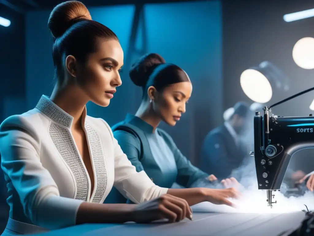 Diseñadores de moda innovando en un taller sostenible y futurista Un equipo diverso de diseñadores de moda trabaja en un taller futurista y sostenible, fusionando tradición y tecnología