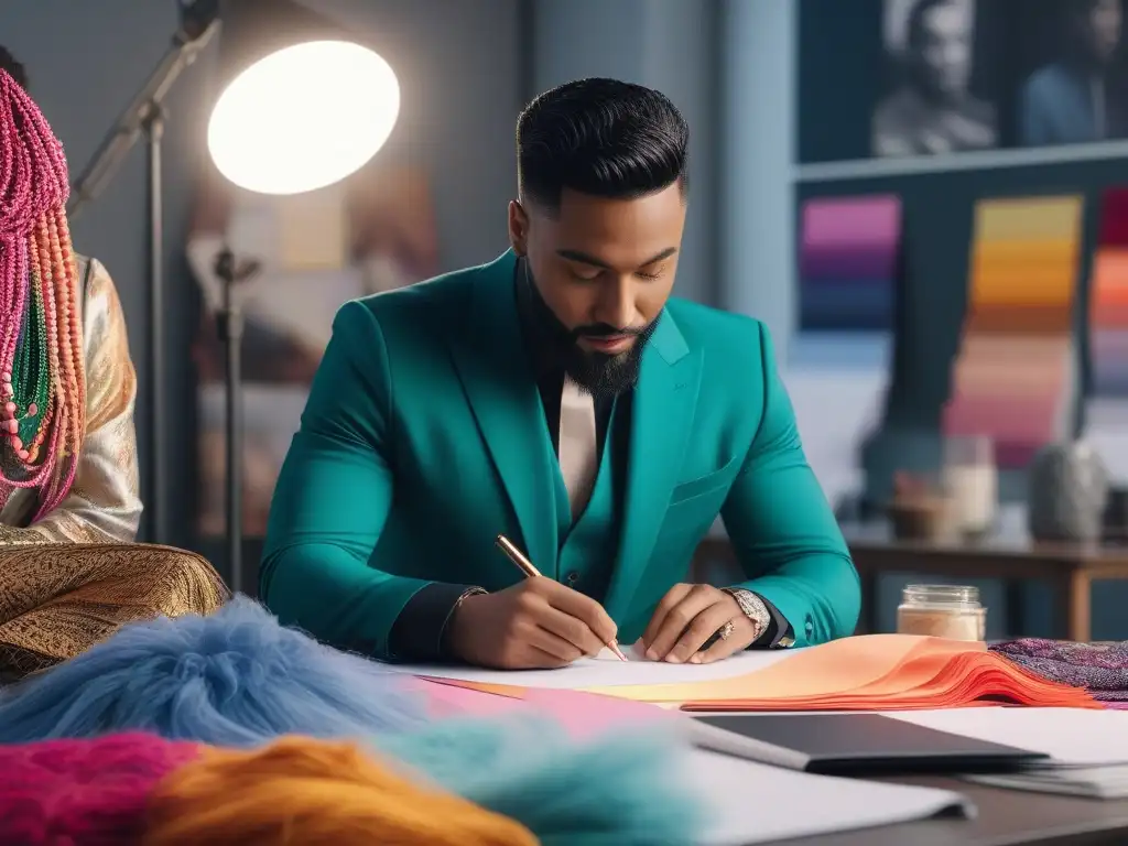 Diseñadores de moda colaboran creativamente en estudio luminoso Un equipo diverso de diseñadores de moda colabora en un estudio luminoso, fusionando elementos modernos y tradicionales