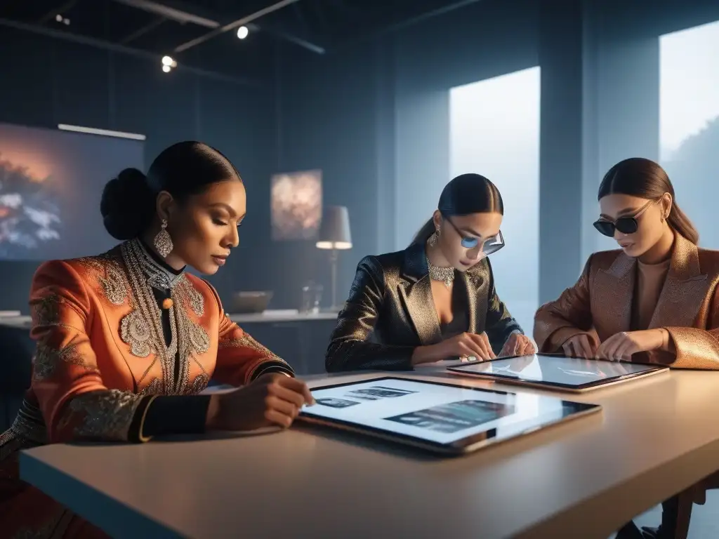 Reunión creativa de diseñadores de moda: diversidad, innovación y pasión Un equipo diverso de diseñadores de moda inmersos en la creatividad, colaboración y tecnología, reflejando la moda inclusiva y moderna