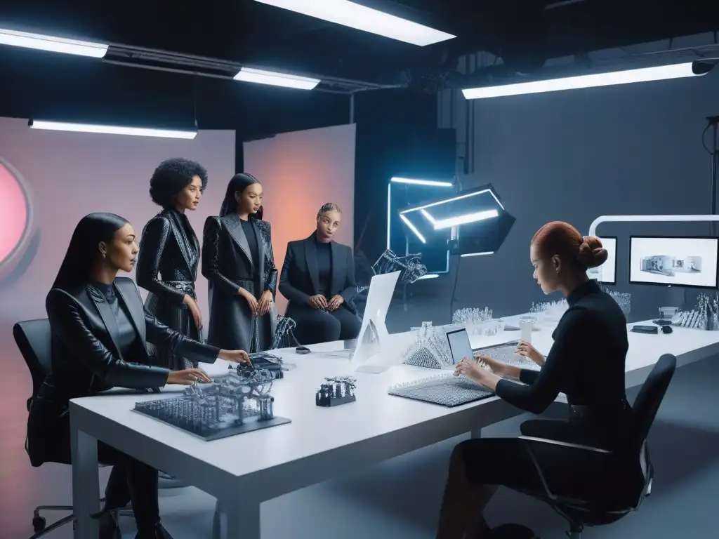 Estudio de moda inclusivo: diseñadores crean con tecnología vanguardista Un equipo diverso de diseñadores de moda creando innovadoras piezas en un estudio futurista, fusionando tecnología en moda inclusiva