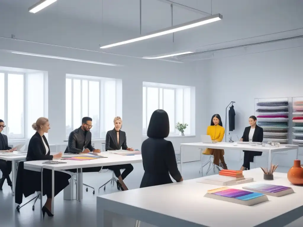 Diseñadores de moda creativos y diversos en un estudio innovador Un equipo diverso de diseñadores de moda colaborando en un estudio moderno, lleno de creatividad e innovación para 'Marketing para moda inclusiva'