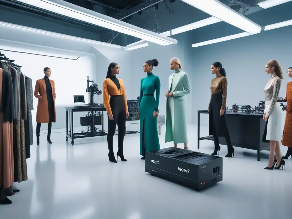 Diseñadores de moda innovan en estudio futurista Un equipo diverso de diseñadores de moda colaborando con tecnología en un estudio futurista, creando moda inclusiva