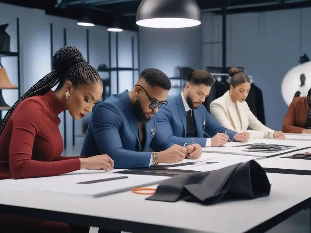 Diseñadores de moda: creatividad y sostenibilidad en estudio futurista Equipo diverso de diseñadores de moda trabajando juntos en un estudio futurista lleno de materiales sostenibles y tecnología de vanguardia