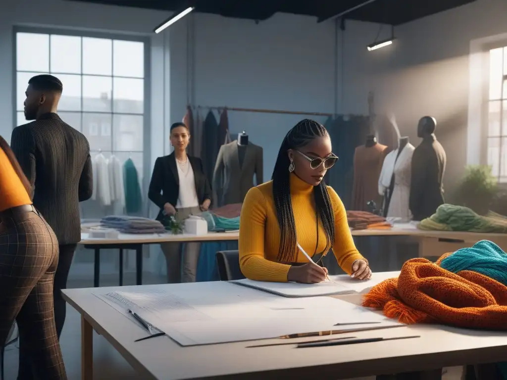 Equipo creativo de diseñadores de moda: diversidad e inclusión en acción Un equipo diverso de diseñadores de moda colaborando en un estudio luminoso, reflejando la moda inclusiva oportunidades empleo industria