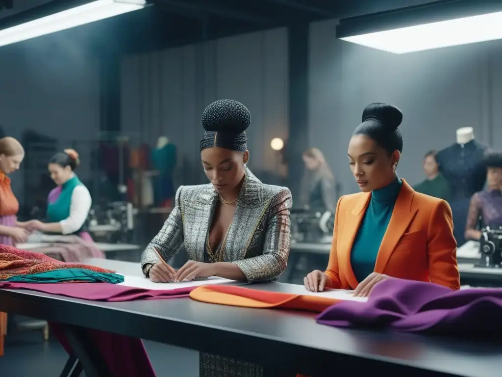 Diseñadores de moda colaborando en un estudio creativo y diverso Un equipo diverso de diseñadores de moda trabaja juntos en un estudio luminoso, rodeados de telas y máquinas de coser