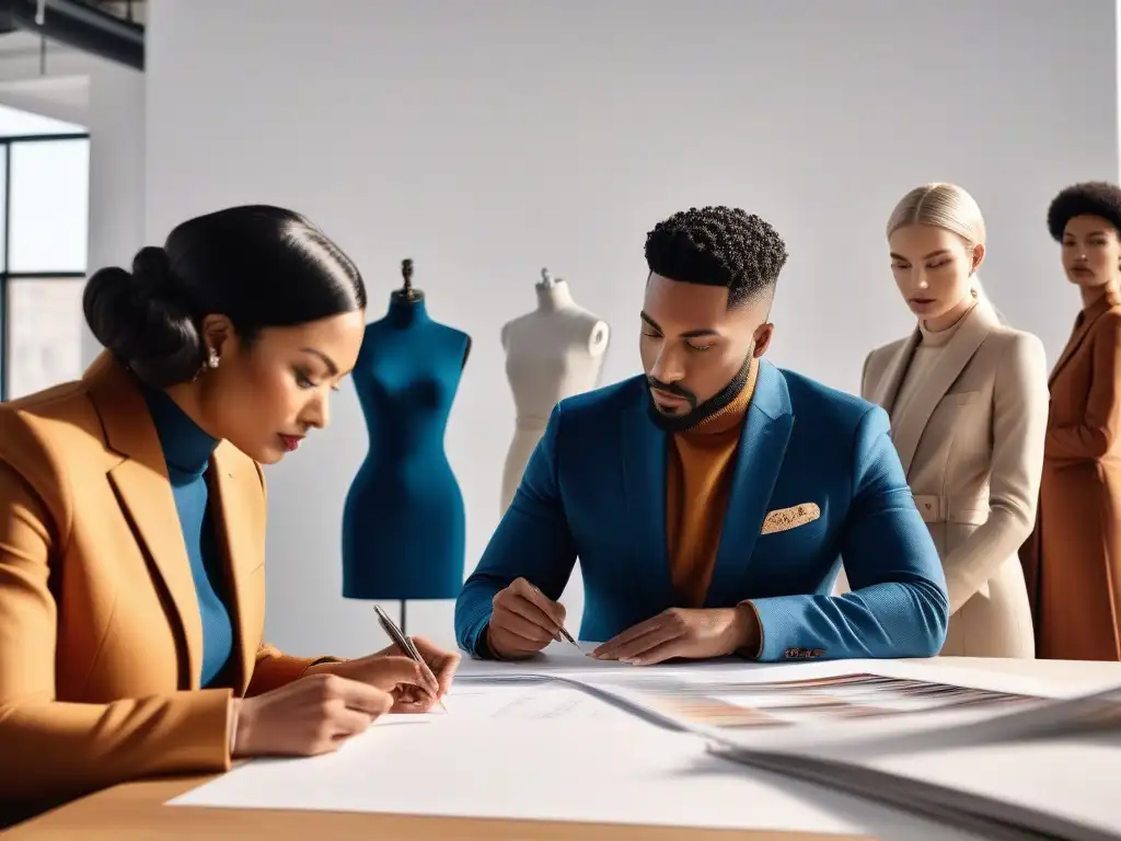 Diseñadores de moda creando colección inclusiva en estudio vibrante Un equipo diverso de diseñadores de moda construyendo una marca inclusiva en un estudio creativo y soleado