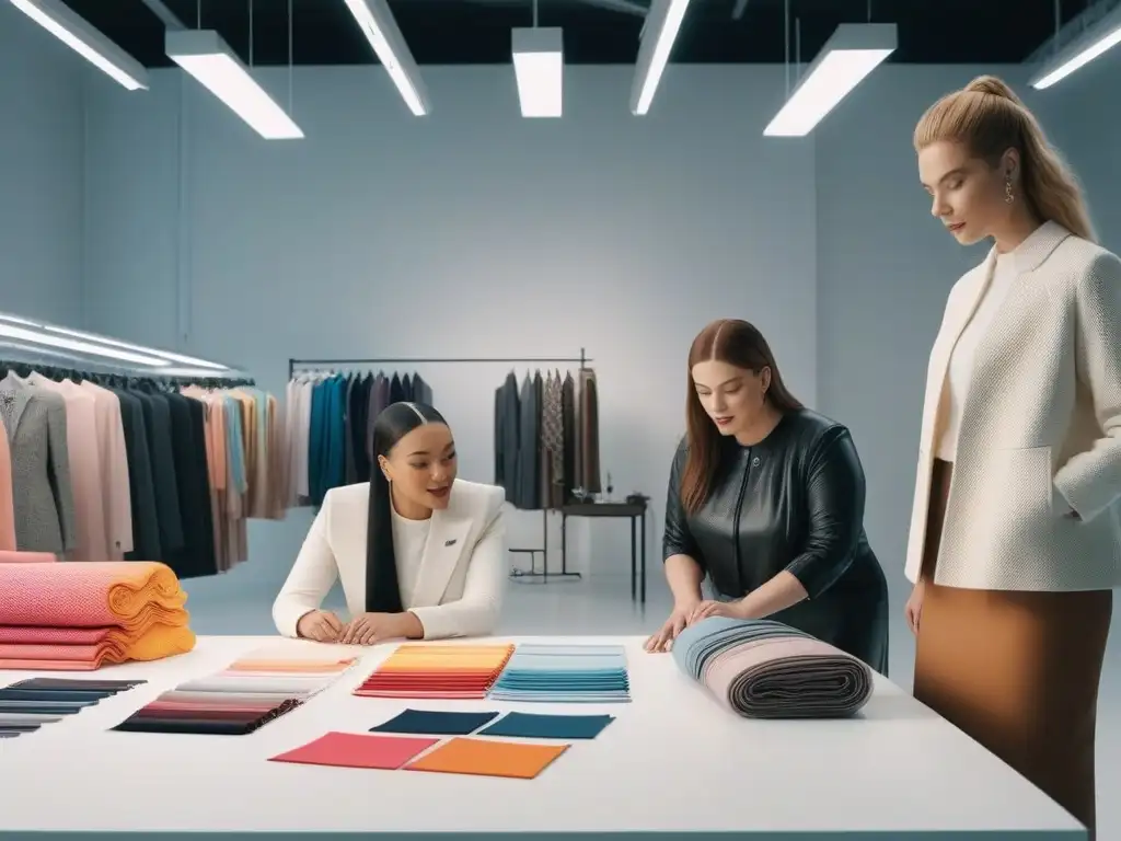 Diseñadores de moda inclusivos crean juntos en estudio moderno Un equipo diverso de diseñadores de moda crea moda inclusiva en un estudio moderno y luminoso